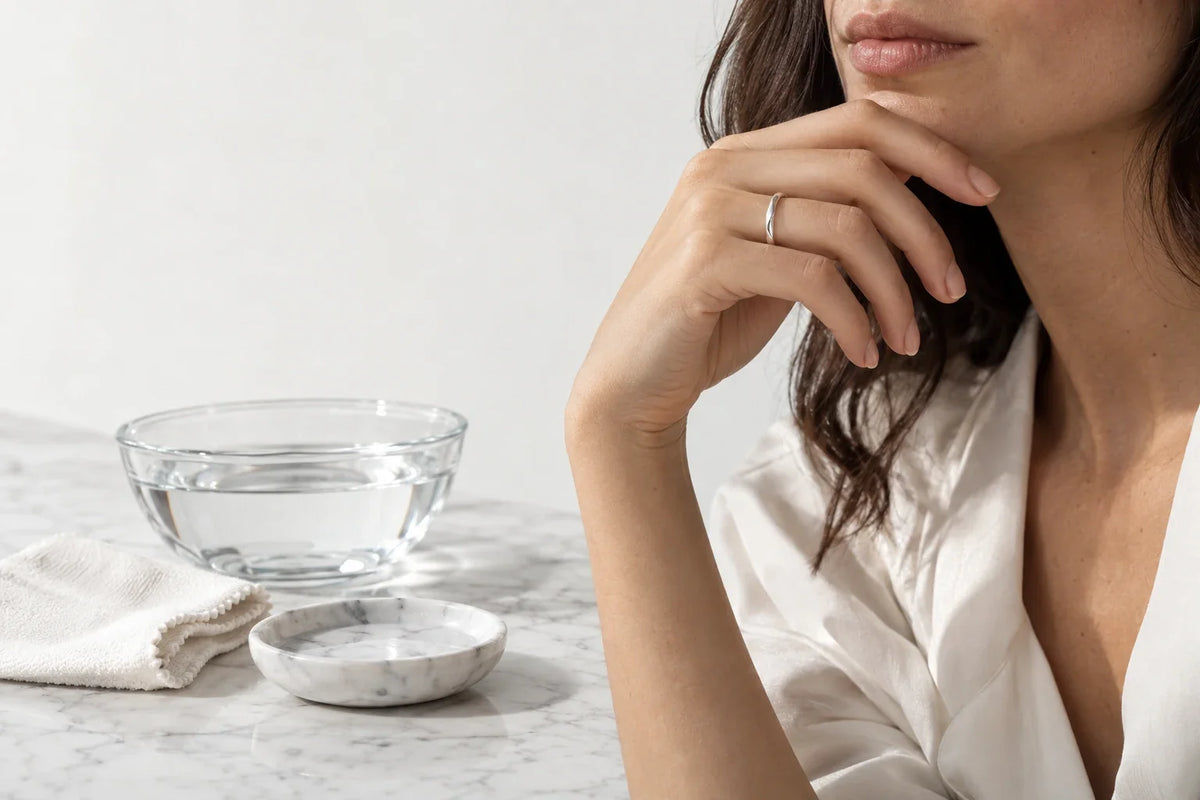 Anello in argento 925 su superficie di marmo bianco con panno in microfibra e ciotola di acqua tiepida accanto