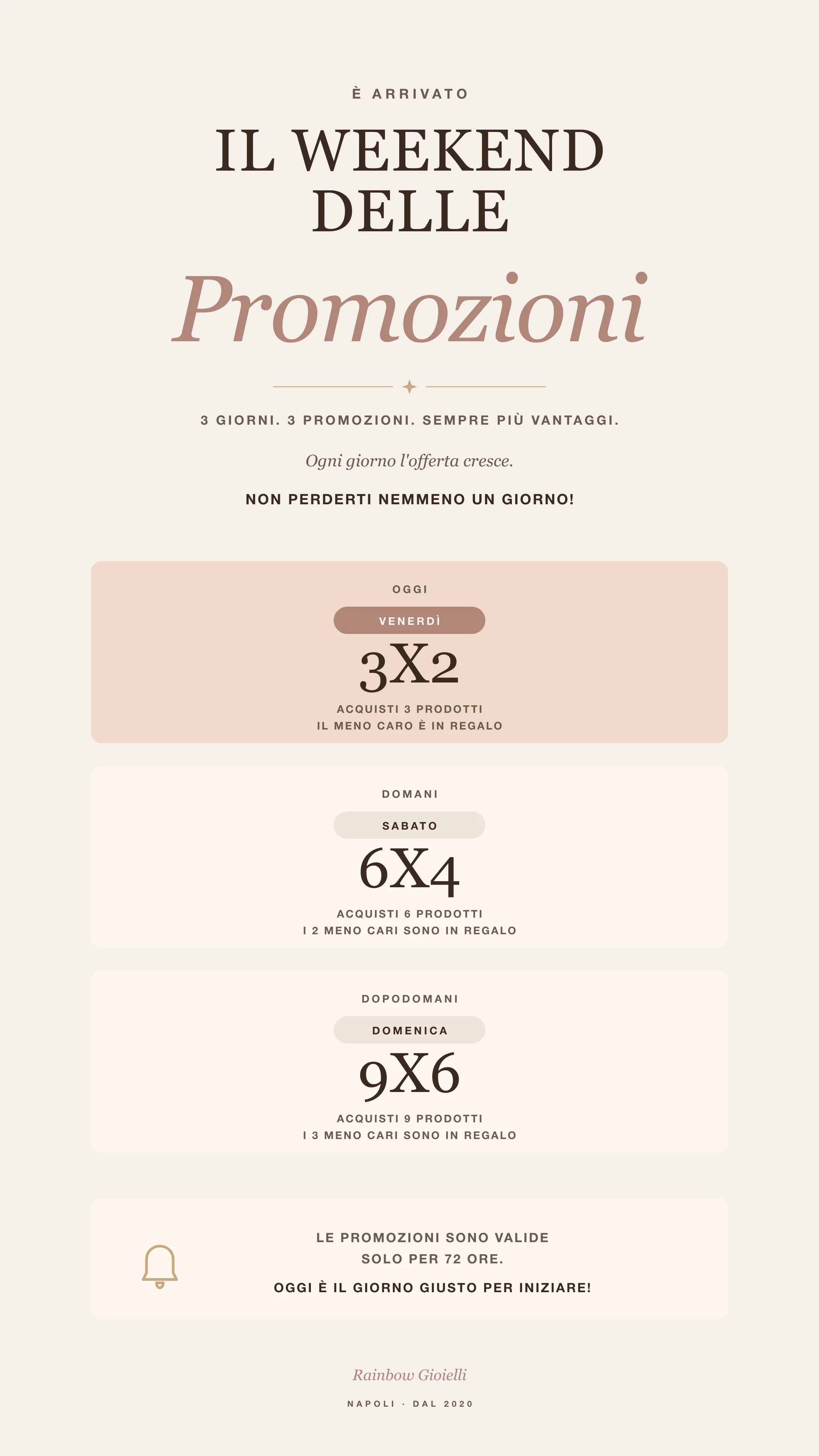 Weekend Rainbow promo, versione mobile portrait — 3 giorni: venerdì 3X2, sabato 6X4, domenica 9X6