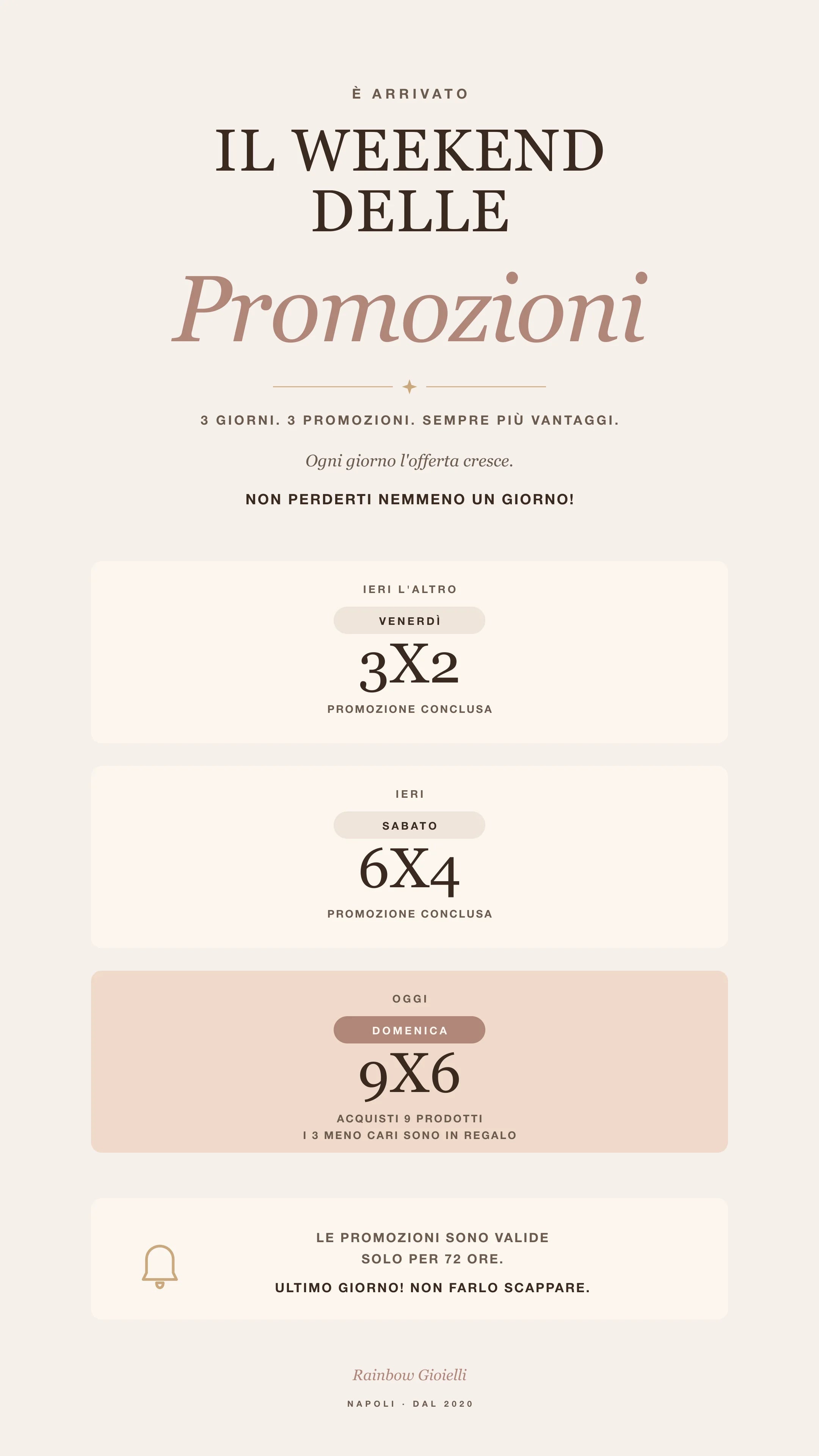 Weekend Rainbow promo, versione mobile portrait — 3 giorni: venerdì 3X2, sabato 6X4, domenica 9X6